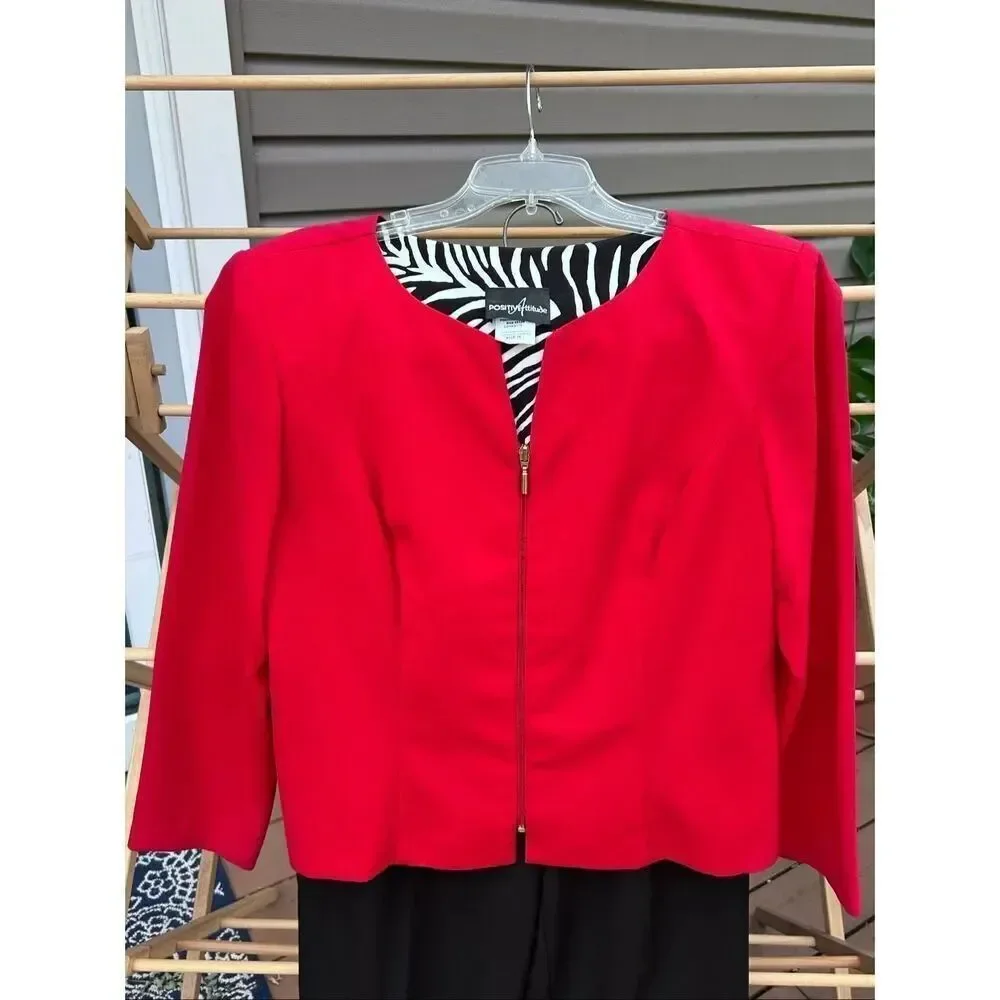 Vtg Positive Attitude Size 16 Red Black Zebra Print 2 Piece Pant Suit